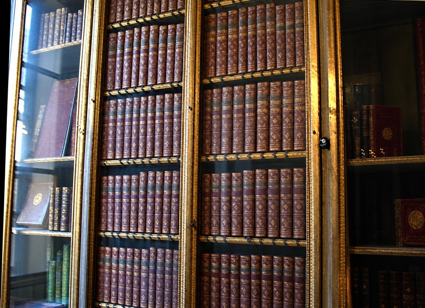 Une bibliothèque ancienne aux portes grillagées dorées renferme de nombreux livres reliés en cuir alignés sur des étagères.