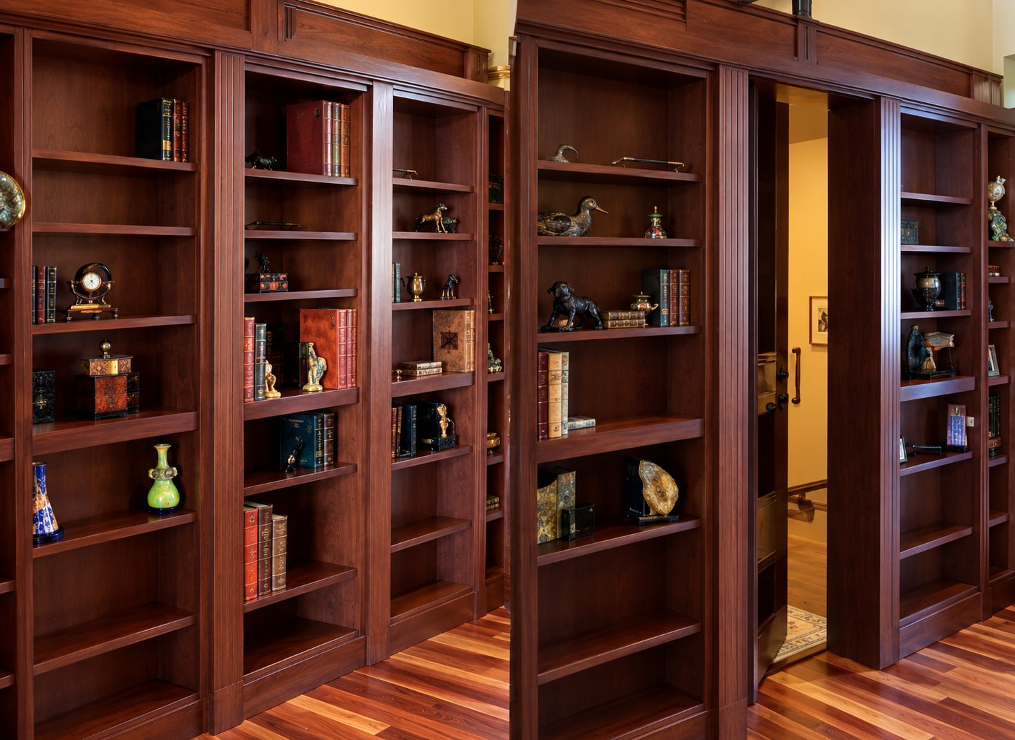 Deux vues d'une bibliothèque en bois sombre dont une partie pivote pour révéler une porte dérobée donnant sur un passage éclairé.