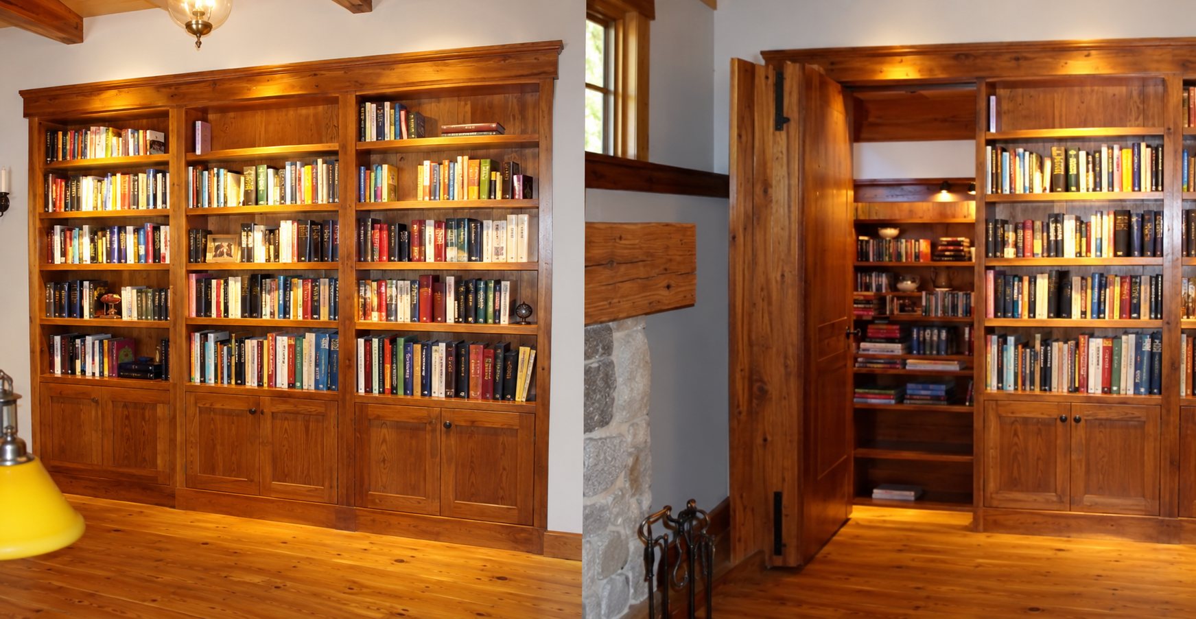 Deux vues d'une bibliothèque en bois remplie de livres, dont une partie pivote pour révéler un passage secret.