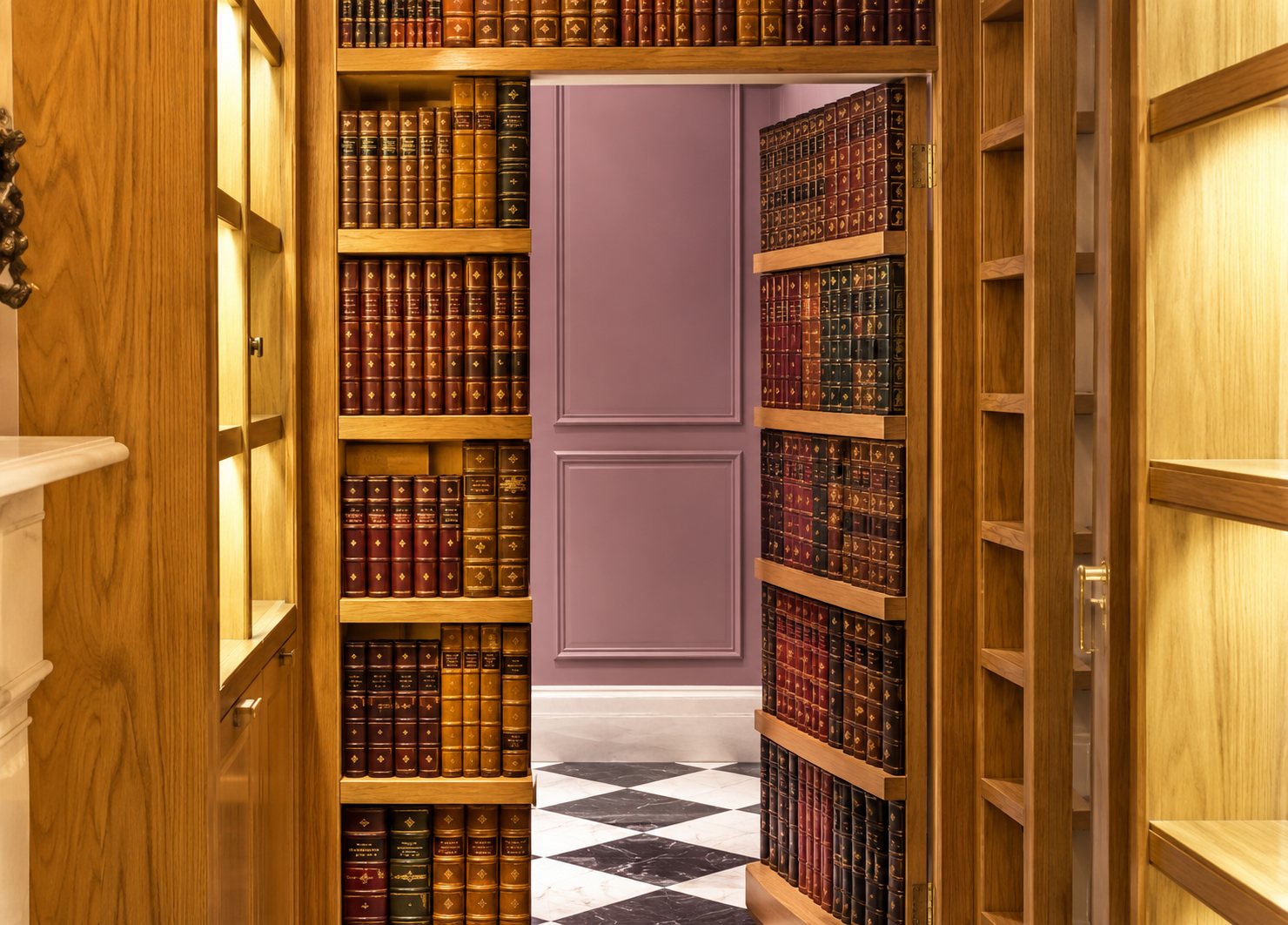 Une bibliothèque en bois remplie de livres reliés s'ouvre comme une porte et laisse voir une pièce rose au sol en damier noir et blanc.