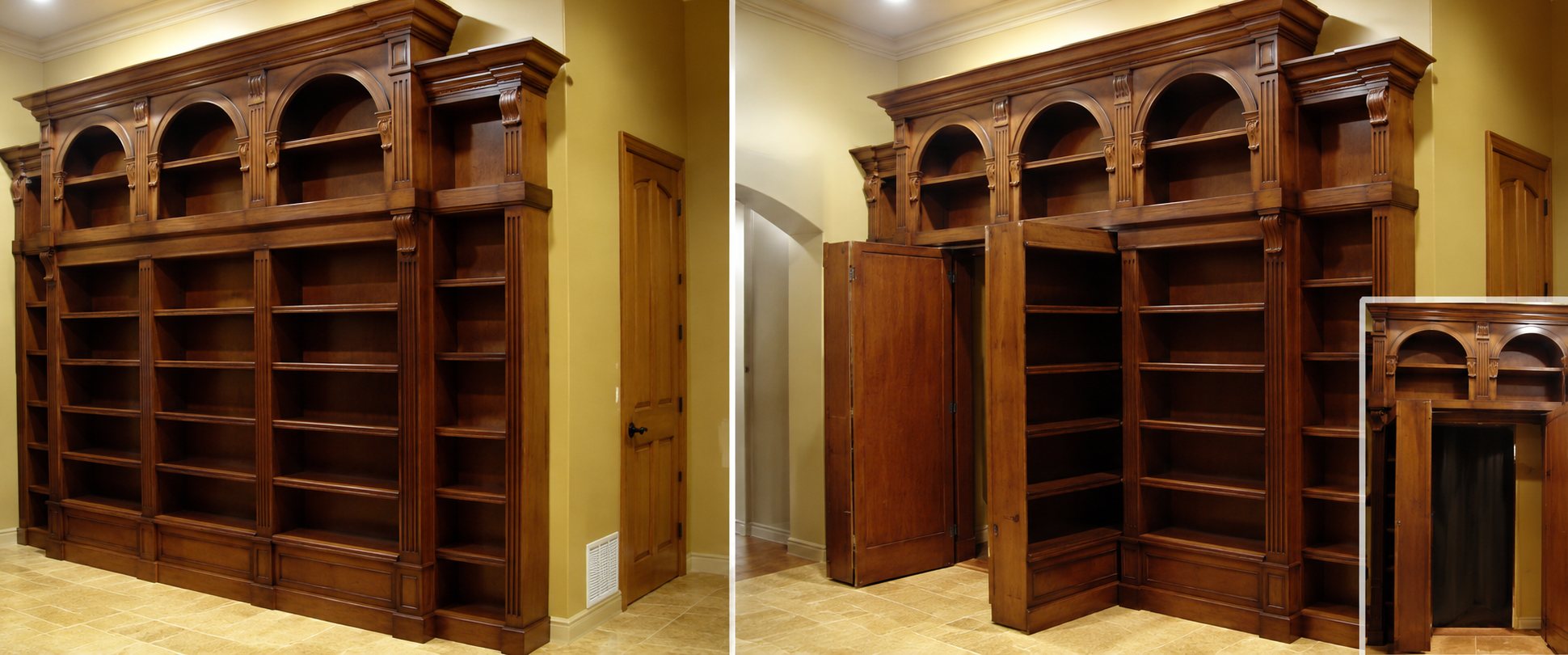 Deux vues d'une bibliothèque en bois foncé encastrée dans un mur, fermée à gauche et ouverte sur un passage dérobé à droite.