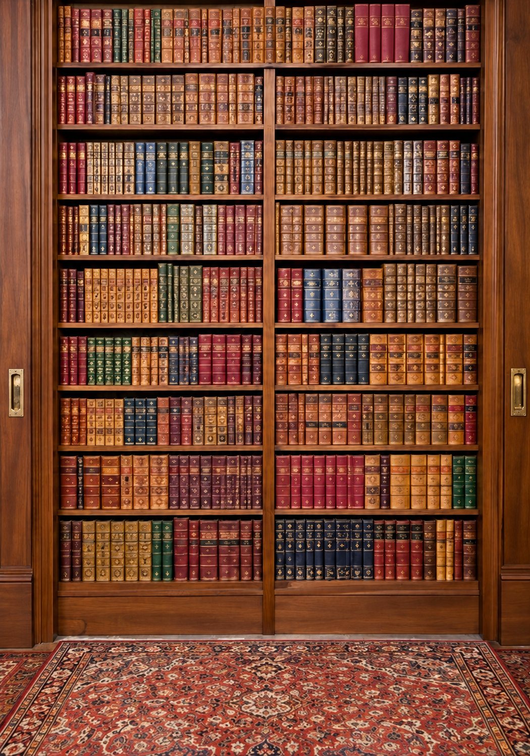 Bibliothèque en bois remplie de livres reliés, fermée : la porte dérobée ne se voit pas.