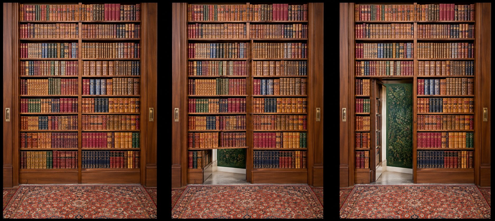 Trois vues d'une bibliothèque en bois remplie de livres reliés dont une partie pivote pour révéler une porte secrète verte.